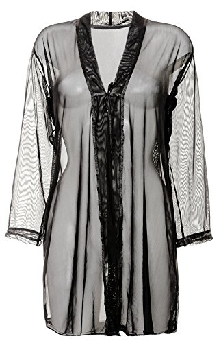 DKaren Luxury Sheer Nightwear Dressing Gown Robe Kimono Sleepwear Lingerie Set (Small (8 UK), Black)