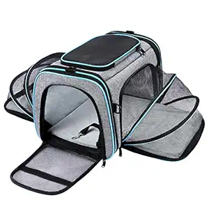 MASKEYON Airline Approved 4 Sides Expandable Pet Carrier with Removable Fleece Pad and Pockets for Cats Dogs and Small Animals (Grey and Blue)