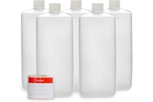 Octopus 5 Botellas de plástico 1000 ml, Botellas de plástico de HDPE con Blanco Tapones de Rosca, Botellas vacías con Tapas de Blanco Rosca, Botellas rectangulares con 5 Etiquetas para marcar