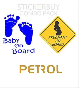 stickerbuy Combo Stickers of Stylish Standard Petrol,Pregnant & Baby On Board-Tank-Handle Bar-Hood & Bumber - Sportive Stickers for All Cars
