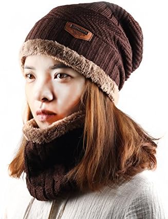Winter Warm Knitted Beanie Hat and Circle Scarf Skiing Hat Outdoor Sports Hat Neck Gaiter Sets, Best Xmas Gift For Men or Women (Coffee)