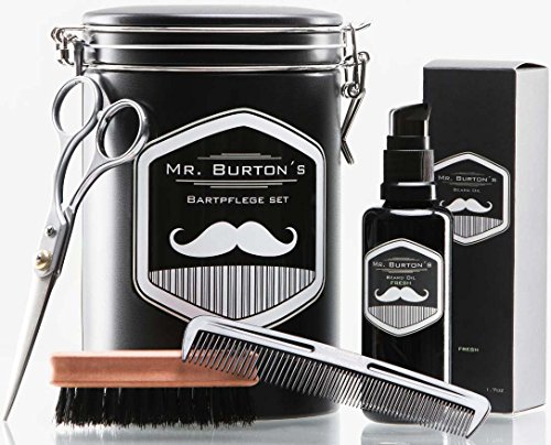 High-quality beard care set - including Mr Burton's "fresh" Beard Oil, beard brush, scissors and comb - the perfect gift or birthday present for men and beard-wearers.