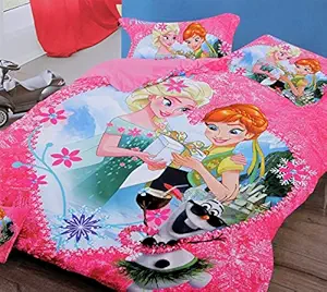 Riftree Glace Cotton Favourite Character Frozen Cartoon Print Double Bedsheet with 2 Pillow Covers, Pink