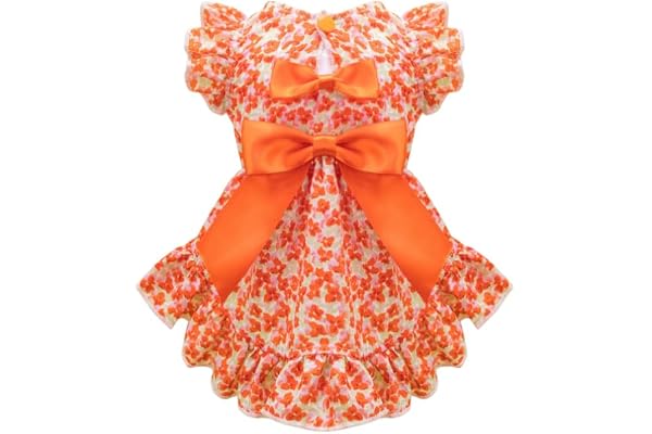 KUTKUT Floral Orange Dog Dress, Ruffle Sleeves & Skirt with Double Satin Bow, Soft & Breathable Polyester Pet Outfit Small Puppy Dogs & Cats Outfit for Photoshoot, Birthdays (Size: S, Chest: 35cm)