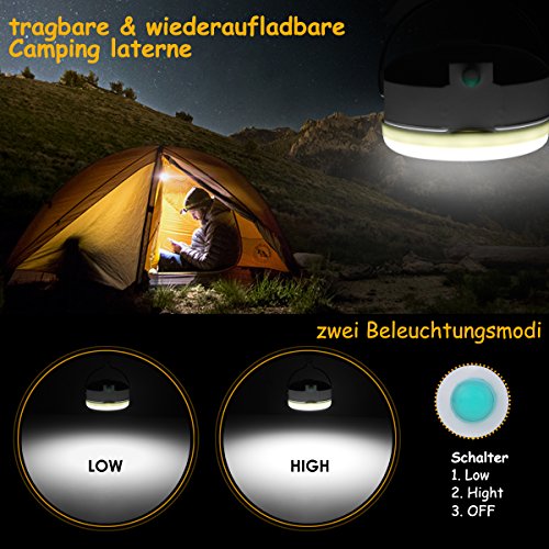 ProGreen LED Camping laterne mit 6000mAh, 2 Helligkeiten kaltweiß, Batteriebetrieb, USB aufladbar, tragbar und hängend, 23 wiederaufladbare LEDs mit USB Kabel, LED Campinglampe, Zelt Laterne, Aussenleuchte für Camping, Outdoor, Wanderung, Abenteuer oder Auto – Reparatur - 2