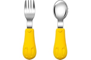 Jmbabe Toddler Fork and Spoon, Stainless Steel Baby Utensils Cutlery Set, Stainless Steel Self Feeding Spoon and Fork, Children Flatware Weaning and Learning to Use