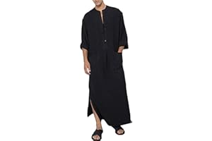 YAOHUOLE Men's Long Sleeve Thobe Button Up Abaya Long Gown Side Split Kaftan Robe with Pockets