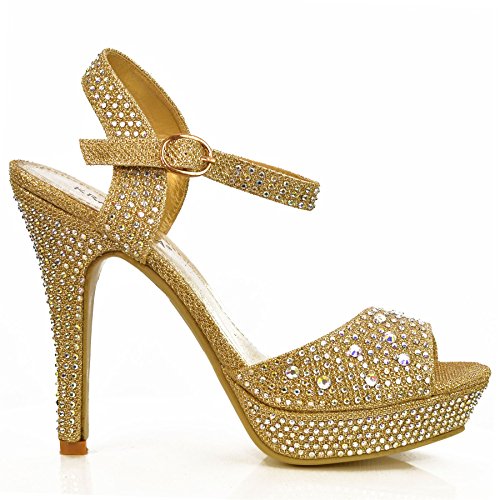 NEW Ladies Sparkly Diamante Rhinestone Ankle Strap Sandals High Heel Shoes Size[Gold,UK 5 / EU 38 / AU 6 / US 7,Party,Pr