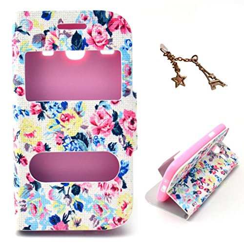 Uming Double Fenêtre Series Multi Conception de motif Imprimer Bling scintillants Cas PU pour Samsung Galaxy Core I8262 i8260 Gérer pour répondre à l'appel sans ouvrir le capot de fantaisie colorés modèles de dessin d'impression étui flip avec support de stand Stander main Aimant Moraillon gratuit Bouton magnétique de téléphone portable Boucle Shell de protection mobile sac de couverture Holster Case Cover Bag + 1 x Anti prise de la poussière - Blanc Fleur bleue