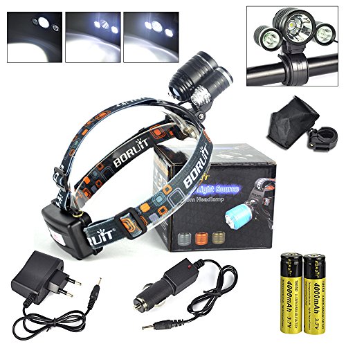 Boruit Sehr Heller Wiederaufladbare , Abnehmbare, Verstellbare & Wasserdichte , 3 Modi 3* T6 LED Kopflampe für Fahrrad Lampe,Camping,Jogging,Wandern,Radfahren,Jagen&Fischen;Paket einschließen 2*18650 Wiederaufladbare Batterien+EU Ladegerät+Auto-Ladegerät - 8