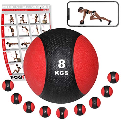 POWRX - Balón Medicinal 8 kg + PDF Workout (Negro/Rojo)