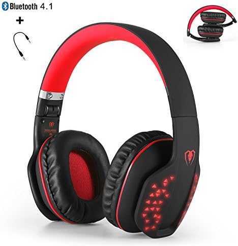 Bluetooth Wireless Headphones, Yocuby Foldable Over Ear Noise Cancelling Headset with Microphone LED Lights Stereo Sound Comfortable for Smartphone Sport Travel Work (Black&amp;Red)