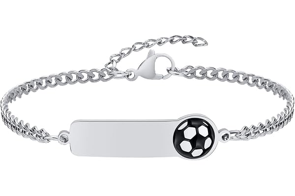 Bracelet Enfant de Football Gourmette Personnalisé - Réglable Acier Inoxydable Bracelet Identification Nom Gravure Figaro Chaîne et Football Cadeau d'Anniversaire pour Enfants Bébés Fille Garcon
