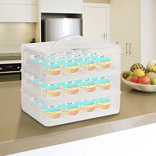 amzdeal 3 Etagen Kuchentransportbehälter 36 Cupcakes Behälter Tragbarer Transportbox für Kuchen, Cookies, Torten, Muffines Weiß - 7