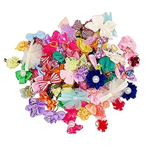 JpGdn 100pcs Dog Hair Bows?with Rubber Bands Hair Bow Ties in Mixed Colors for Puppy Doggy Cat Small and Medium Hair Flower Grooming Accessories Attachment