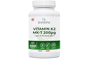 Bandini® Vitamin K2 MK7 200mcg | 400 Vegan Tablets | 1 a Day/+1 Year Supply | High Strength Menaquinone MK-7 | VIT K 2 MK 7 | Supports Normal Bones Manteinance | GMO-Free | Italian Quality