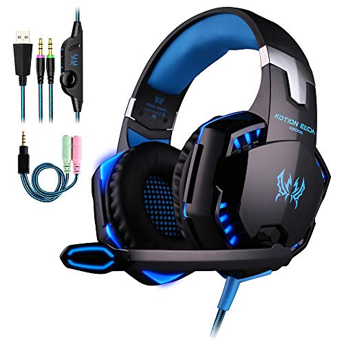 Skytower Each G2000 Casque de gaming stéréo avec micro Bass LED régulateur de puissance pour Xbox One PS4 PC téléphones portables (bleu/noir)