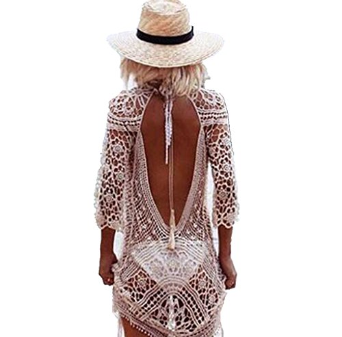 ASSKDAN Damen Boho Spitze Nackten Rücken Bikini Cover Up StrandKleid Sommerkleid One Size - 7