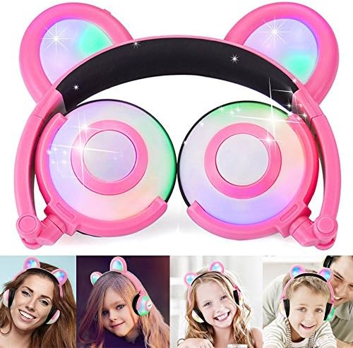 Headphones Over Ear with Microphone, USB Rechargeable Wired Foldable with LED Flashing Glowing Lights Bear Headphones for Girls,Children,Compatible for iPhone,iPad,Android Phone,Computer.