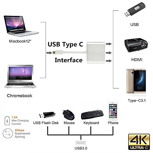 USB Typ-C auf HDMI / USB3.0 / USB 3.1 Typ-C Adapter, HuiHeng USB 3.1 Typ C USB-C 4K HDMI Digital AV Multiport Adapter für MacBook, Chromebook Pixel und mehr - 2