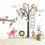 Walplus Wandtattoo/Wandaufkleber, für Kinder, Design Affe mit Messskala für Körpergröße und großer Elefant mit anderen Tieren, 195 x 160 cm, mehrfarbig