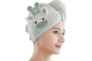 ROPNIIK Cartoon-Haarhandtücher,Haarturban Trocknen Schnell Niedliche Tierhaar-Turbane Saugfähig Handtuch Trockenes Haar Hat Korallenvlies mit Knöpfen Haar Trocknendes Tuch für Alle,25*60cm (Rehkitz,Grün)