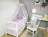 Amilian® Baby Bettwäsche 5tlg Bettset mit Nestchen Kinderbettwäsche Himmel 100x135cm Schmetterling grau/Pünktchen Puderrosa Vollstoffhimmel