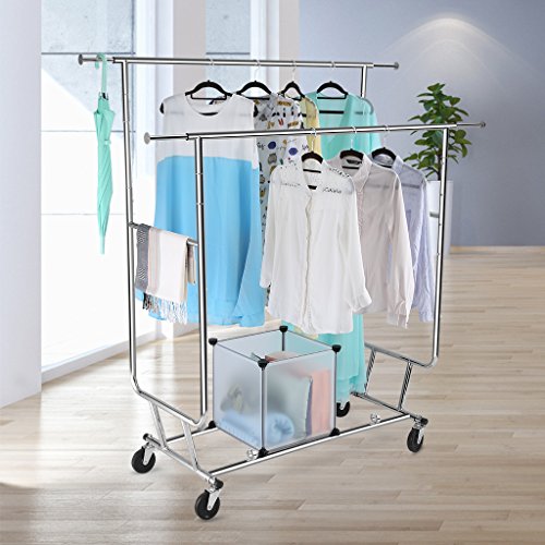 LANGRIA Zusammenklappbar Kleiderständer Rollbar Garderobenständer mit 2 Verstellbare Kleidertange, 4 Omnidirektionalen Rädern, Halten bis 250 lbs (55,1 bis 65,0 “ H x 50,4-74,0 “ W x 21.7 “ D), Chrom-Finish - 2
