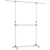 SONGMICS Clothes Donkey with Double Bar, Extendable Clothes Rack with Wheels, Adjustable Height 113-180 cm, Adjustable Centra