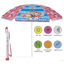 Parasol Paw Patrol Enfant - Grand Parasol de Plage Jardin Mer Terrasse - Résistant au Vent - Long Parasol La Pat' Patrouille pour Garçon et Fille - Protection Contre les Rayons UV SPF 50+ - Perletti