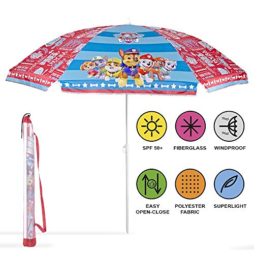 Parasol Paw Patrol Enfant - Grand Parasol de Plage Jardin Mer Terrasse - Résistant au Vent - Long Parasol La Pat' Patrouille pour Garçon et Fille - Protection Contre les Rayons UV SPF 50+ - Perletti
