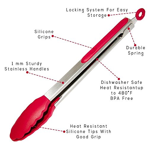 Chef Hessler, erstklassige Qualität, widerstandsfähiges Premium Silikon Zangen-Set für die Küche zum Kochen, Braten, Grillen (rot,22 cm & 30 cm) + Silikon Pfannenwender (rot, 28 cm) - 4