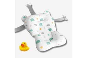 JOWY BATHBY | Cojín para Bañera de Bebé – Soporte Recién Nacido, Asiento Ergonómico, Ajustable y Portátil con Malla Antideslizante, Almohada Reductora, Hamaca de Ducha + Patito de Goma (Elefantes)