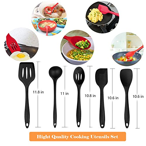 10Sets Silikon Küchenutensilien Werkzeug, Home Backen Kochen Werkzeuge Kochgeschirr Gadgets Enthält Pasta Gabel, Spoonula, Tong, Slotted Löffel, Pfanne, Turner große Spatel, kleine Spatel, Basting Pinsel, Schneebesen für Haus Kochen (Schwarz) Familiengeschenke - 3