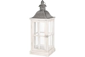 VEA SRL Lanterna portacandela Bianca Agrabah small 15,5 * 14,5 * 35 cm, Lanterna da interno arredo in legno e ferro, Lanterna decorativa per casa, balcone e arredo giardino