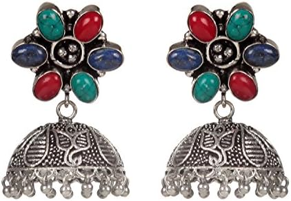 Silver Tone Multistone Jhumka Earring Set Indian Handmade Fashion Wedding Wear Earring Jewelry