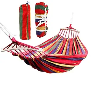 HUEX Double 2 Person Cotton Fabric Canvas Travel Hammocks 450 Lbs Ultralight Camping Hammock Portable Beach Swing Bed with Hardwood Spreader Bar Tree Hanging, 280 x 100 cm, Red