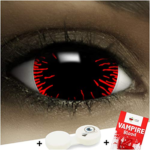 Lentillas de color "Mini Sclera Hangman" + cápsulas de sangre artificial + recipiente de FXContacs en blanco, blandas, sin dioptrías pack de 2 unidades - cómodas y perfectas para Halloween, Carnaval, sin corregir