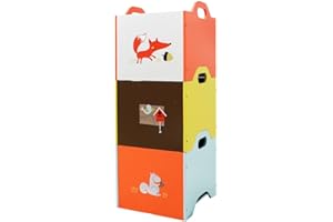 labebe Wooden Toy Box Set, Orange/Yellow/Blue Fox 3 Stackable Baby Toy Storage Box, Cuddly Toy Storage Unit/Wooden Toy Storage Shelf/Boy&Girl Toy Storage Unit/Large Toy Storage Bin/Big Toy Box Lid