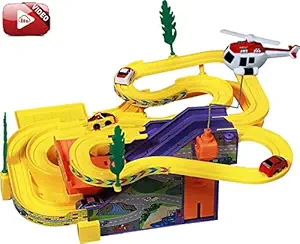 Toykart Kids Track Racer Racing Car Set with Helicopter, Battery Operated Musical Game (Multicolour)