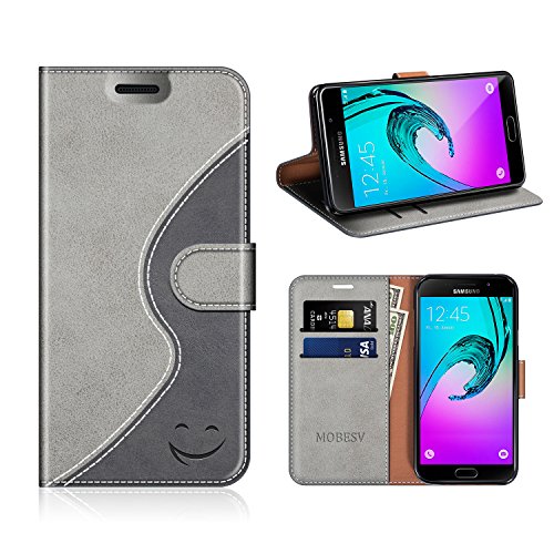 Mobesv Smiley Custodia in Pelle / Portafoglio Cover per Samsung Galaxy A3 2016, Grigio/Nero