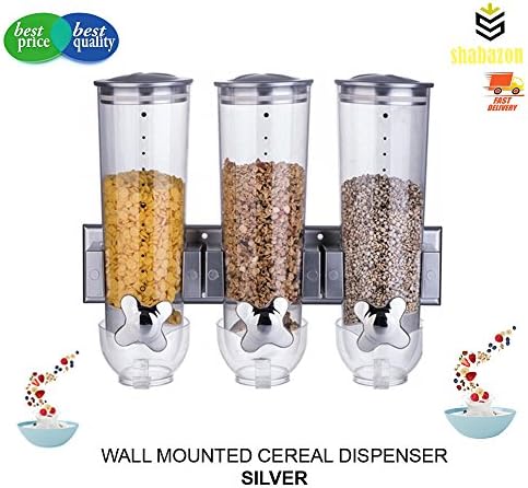 shabazon Triple wall mount Cereal And Dry Food Dispenser With Built In Spill Tray For Home, Kitchen, Countertops, Breakfast, Pets, Cat Food, Dog Food, Candy, Pantry, And Meals (white)