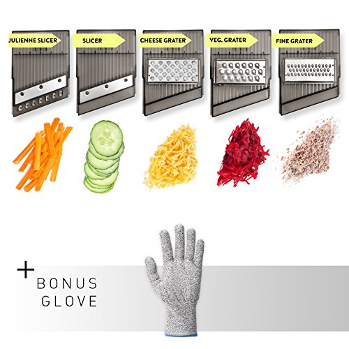 Verstellbarer Mandoline Gemüseschneider und Multischneider – Gemüsehobel, Gemüseschäler, Gemüsereibe und Julienneschneider in 1nem Mit Behälter, Schutzhandschuh und 5 Stahl Klingen – von HomeNative® - 2