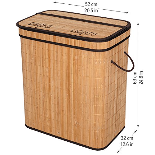 Tatkraft Find Großer Wäschekorb mit Deckel / Wäschetruhe mit 2 Fächern 105L Natur Bambus 52X32X63 cm - 3