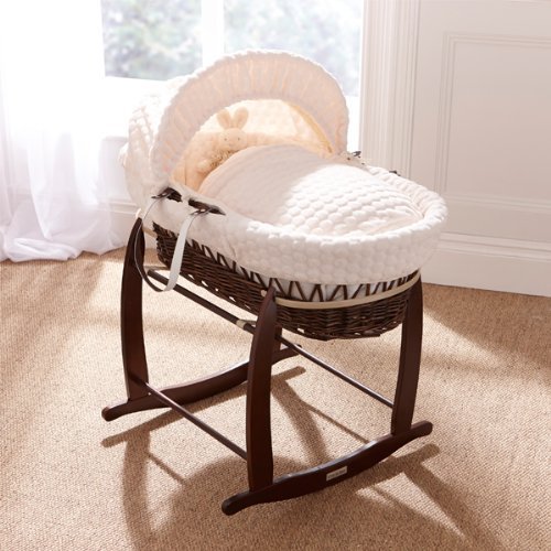 Luxury British Made Dark Wicker Moses Basket With Cream/Ivory Marshmallow Covers And Rocking Stand