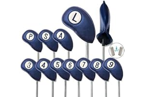 FINGER TEN Golf Club Head Covers for Irons Magnetic Closure Value 11 pcs/Set, Double Number Printed Headcovers Deluxe Synthetic Leather Professional Durable Thick Black Blue Red Fit All Brand Clubs