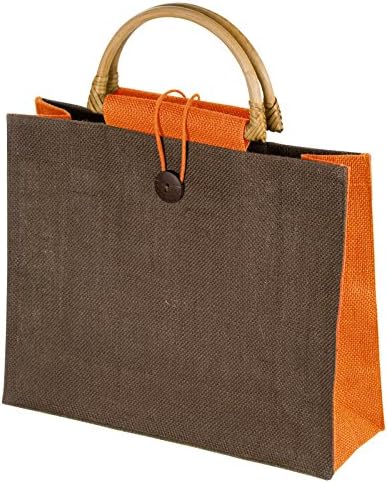 Orange Jute Bag with Bamboo Handles and Button Closure.