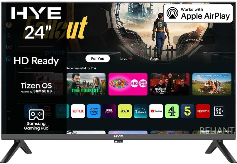 HYE TV - Smart TV, 24" Screen Size, HD Ready Resolution, Apple AirPlay, Samsung Tizen OS & Gaming Hub, Versatile Connectivity