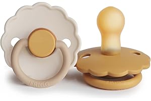 FRIGG Daisy Latex Schnuller | 2er-Pack | Daisy Block Naturkautschuk Schnuller | Symmetrische Kirschform | BPA-frei | Made in Dänemark | Latex Schnuller | Kamille/Honiggold - Größe 1 (0-6 Monate)