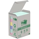 Post-it Recycled Notes, Pack of 6 Notepads, 100 Sheets per Pad, 38mm x 51mm, Green, Pink, Yellow, Blue - Sticky Notes Made of